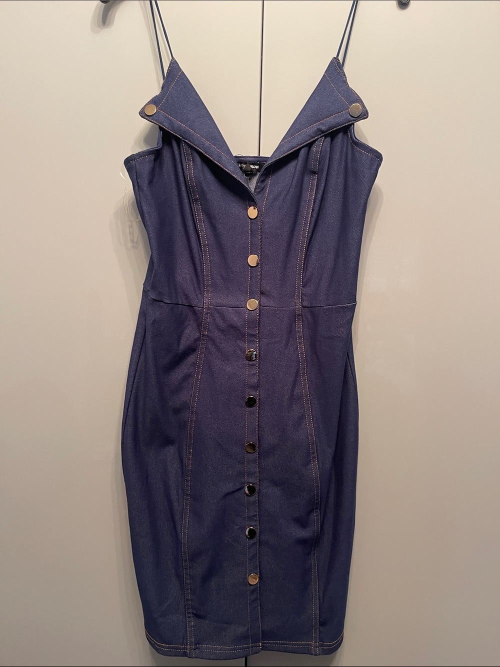 Fashion Nova Navy Button-Front Mini Dress with Spaghetti Straps